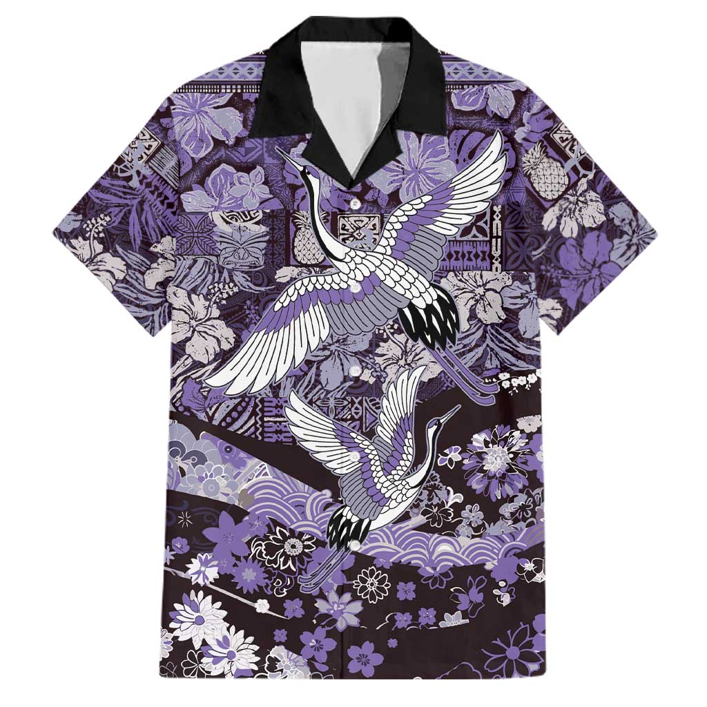 Japanese Hawaiian Crane Family Matching Tank Maxi Dress and Hawaiian Shirt Purple Tapa Patchwork Pattern