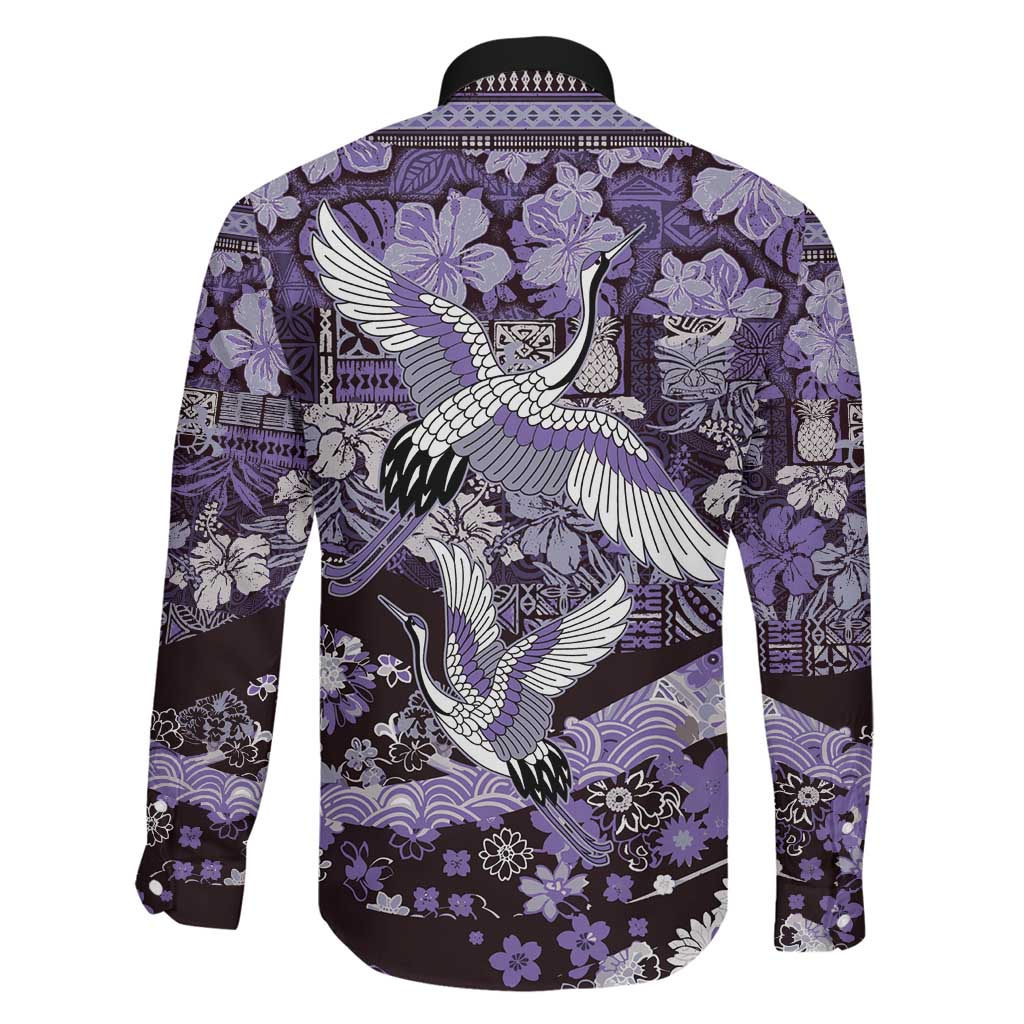 Japanese Hawaiian Crane Family Matching Tank Maxi Dress and Hawaiian Shirt Purple Tapa Patchwork Pattern