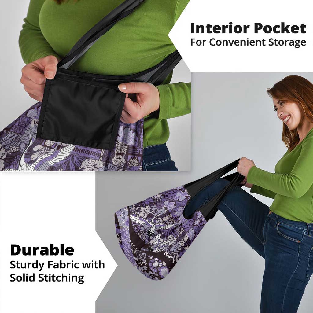 Japanese Hawaiian Crane Grocery Bag Purple Tapa Patchwork Pattern