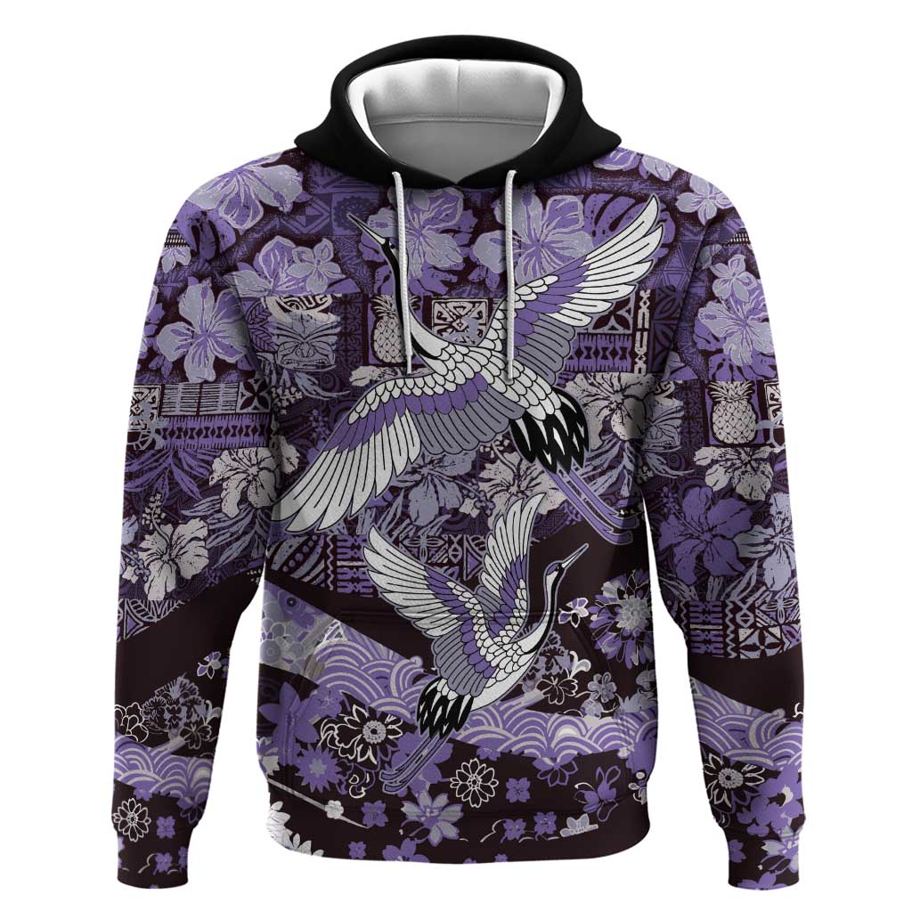 Japanese Hawaiian Crane Hoodie Purple Tapa Patchwork Pattern