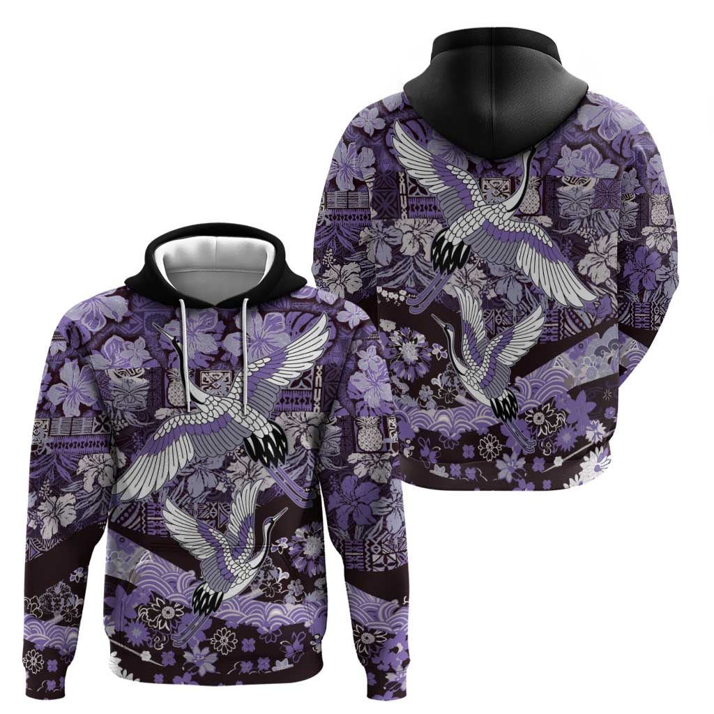 Japanese Hawaiian Crane Hoodie Purple Tapa Patchwork Pattern