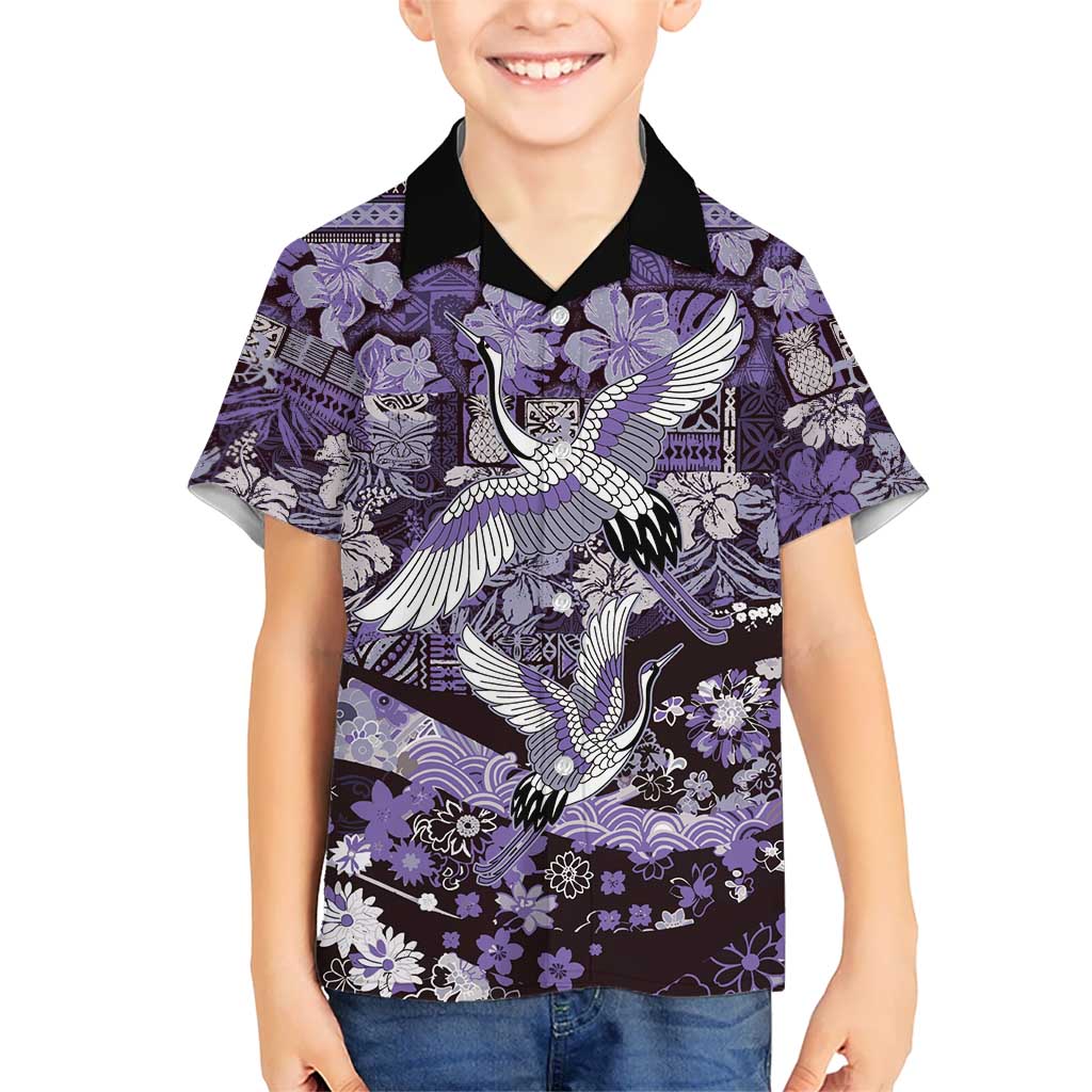 Japanese Hawaiian Crane Kid Hawaiian Shirt Purple Tapa Patchwork Pattern