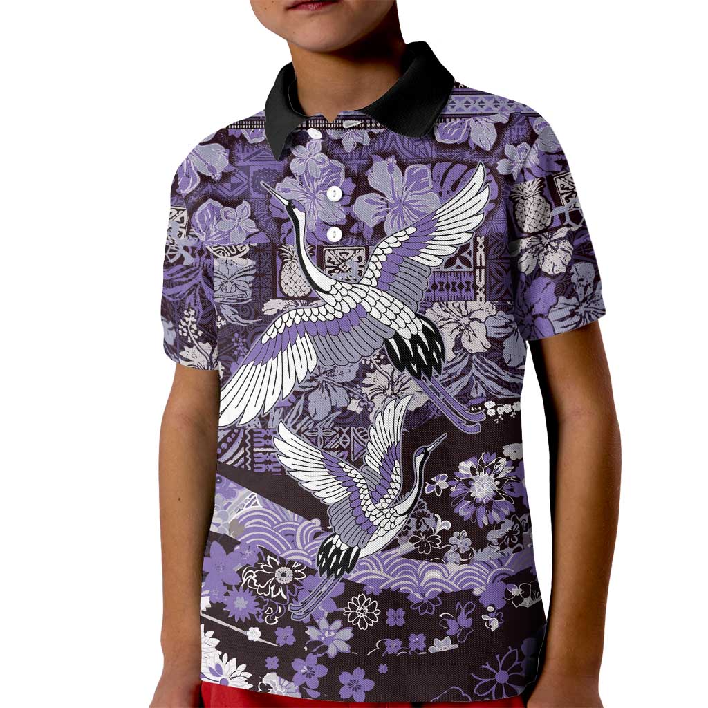 Japanese Hawaiian Crane Kid Polo Shirt Purple Tapa Patchwork Pattern