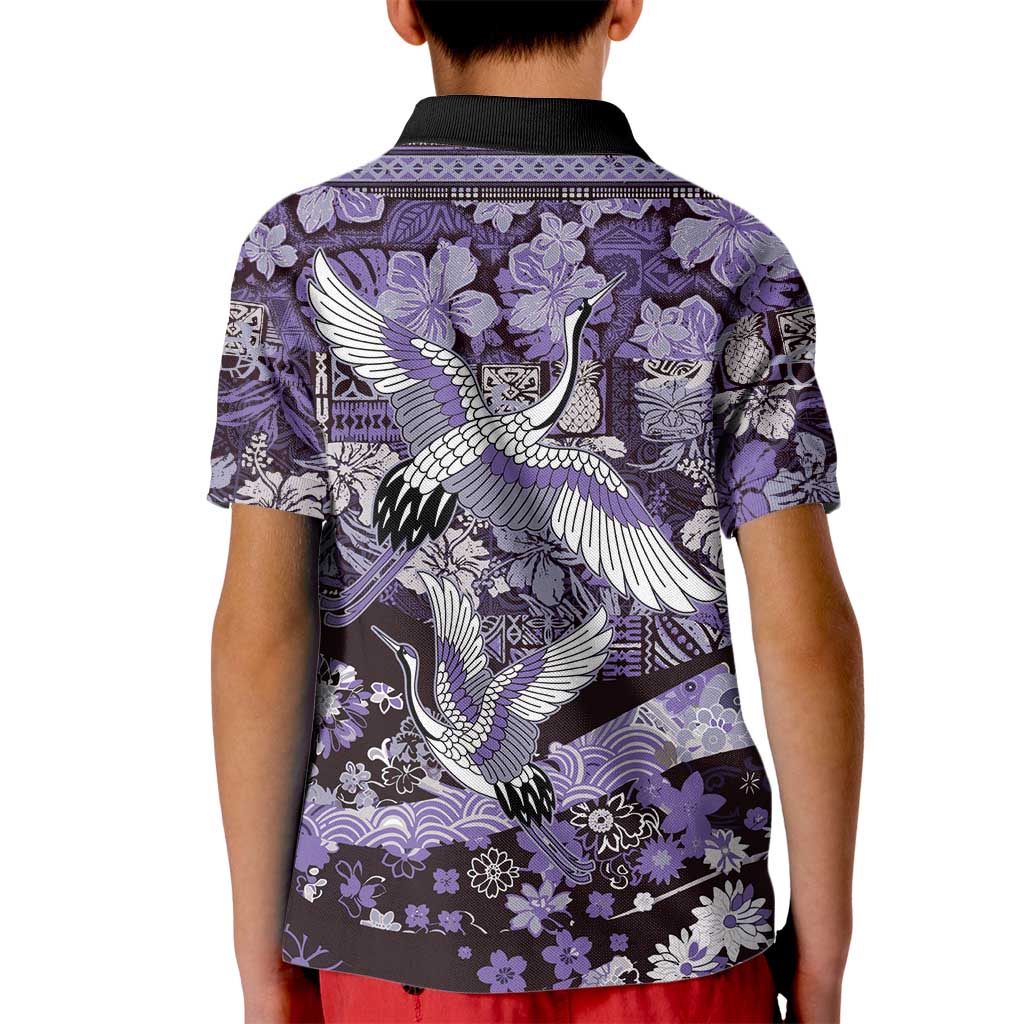 Japanese Hawaiian Crane Kid Polo Shirt Purple Tapa Patchwork Pattern
