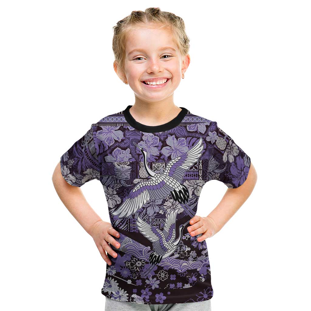 Japanese Hawaiian Crane Kid T Shirt Purple Tapa Patchwork Pattern