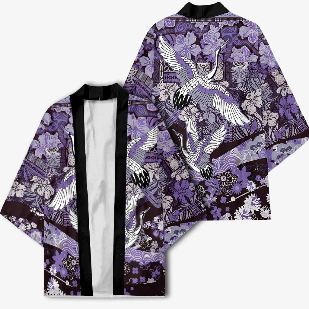 Japanese Hawaiian Crane Kimono Purple Tapa Patchwork Pattern