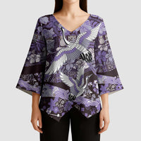 Japanese Hawaiian Crane Kimono Sleeve Blouse Purple Tapa Patchwork Pattern