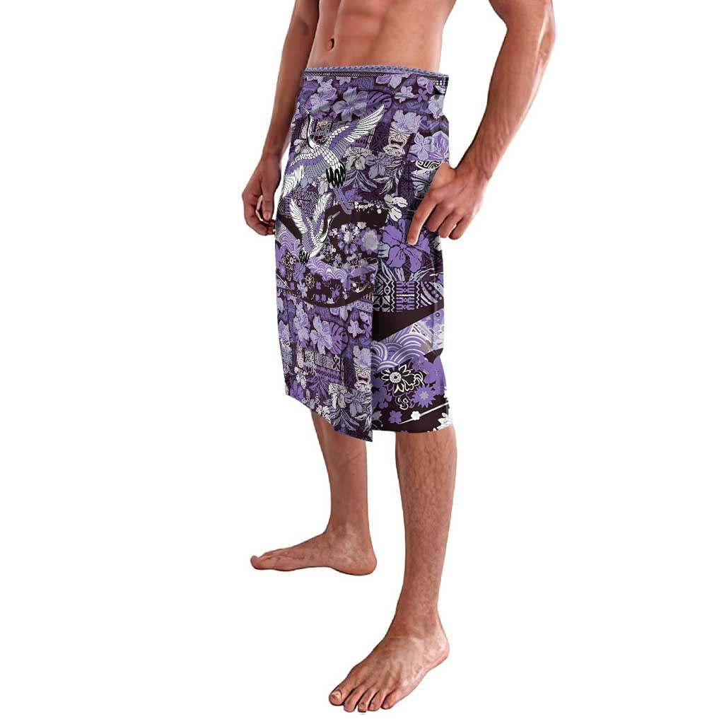 Japanese Hawaiian Crane Lavalava Purple Tapa Patchwork Pattern