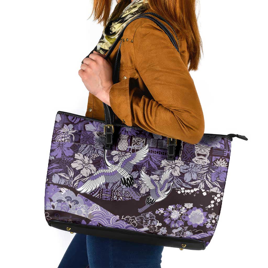Japanese Hawaiian Crane Leather Tote Bag Purple Tapa Patchwork Pattern