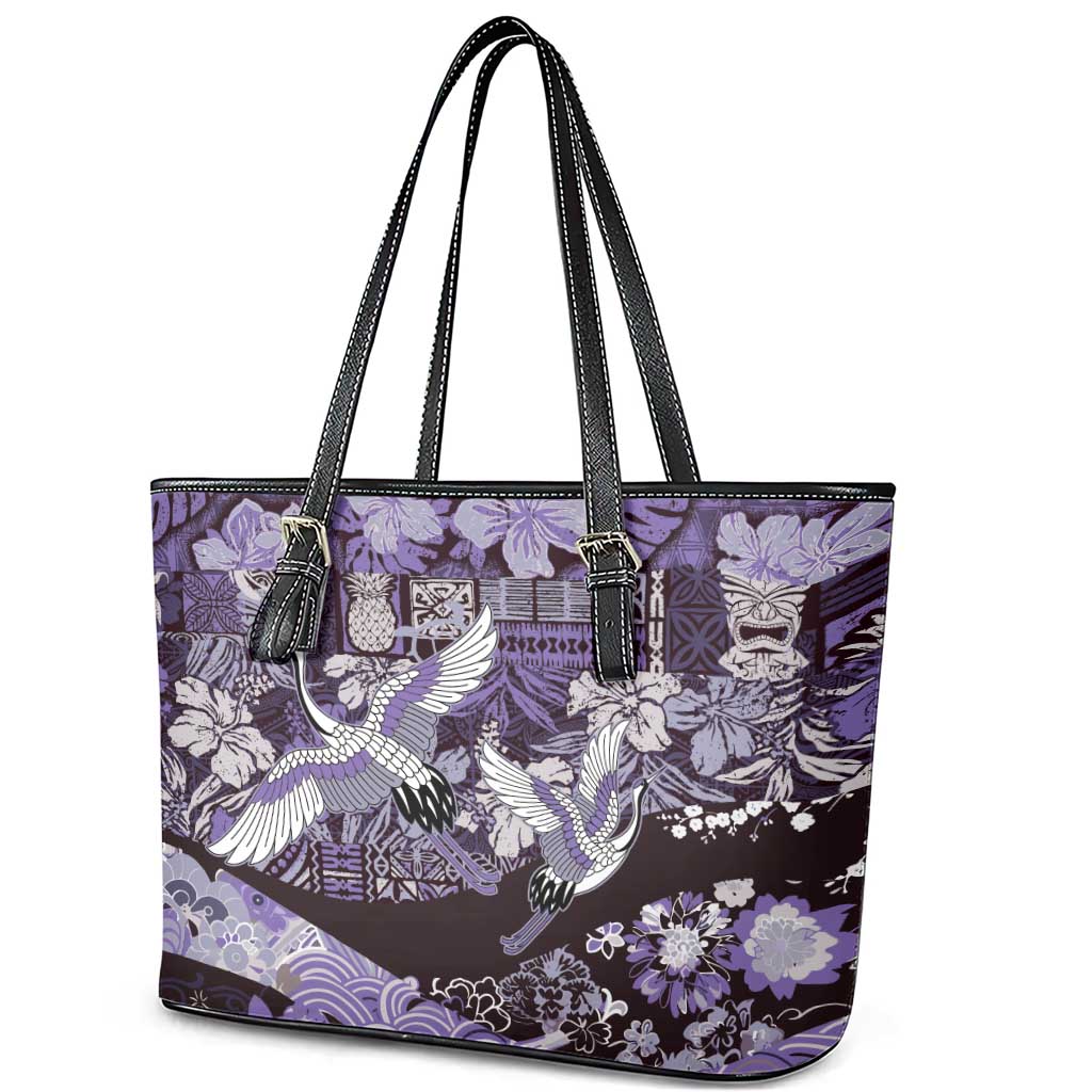 Japanese Hawaiian Crane Leather Tote Bag Purple Tapa Patchwork Pattern