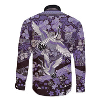 Japanese Hawaiian Crane Long Sleeve Button Shirt Purple Tapa Patchwork Pattern