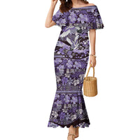Japanese Hawaiian Crane Mermaid Dress Purple Tapa Patchwork Pattern