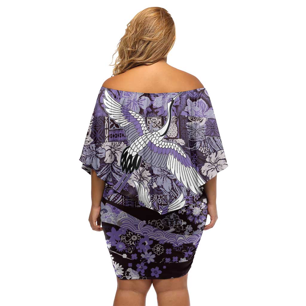 Japanese Hawaiian Crane Off Shoulder Short Dress Purple Tapa Patchwork Pattern
