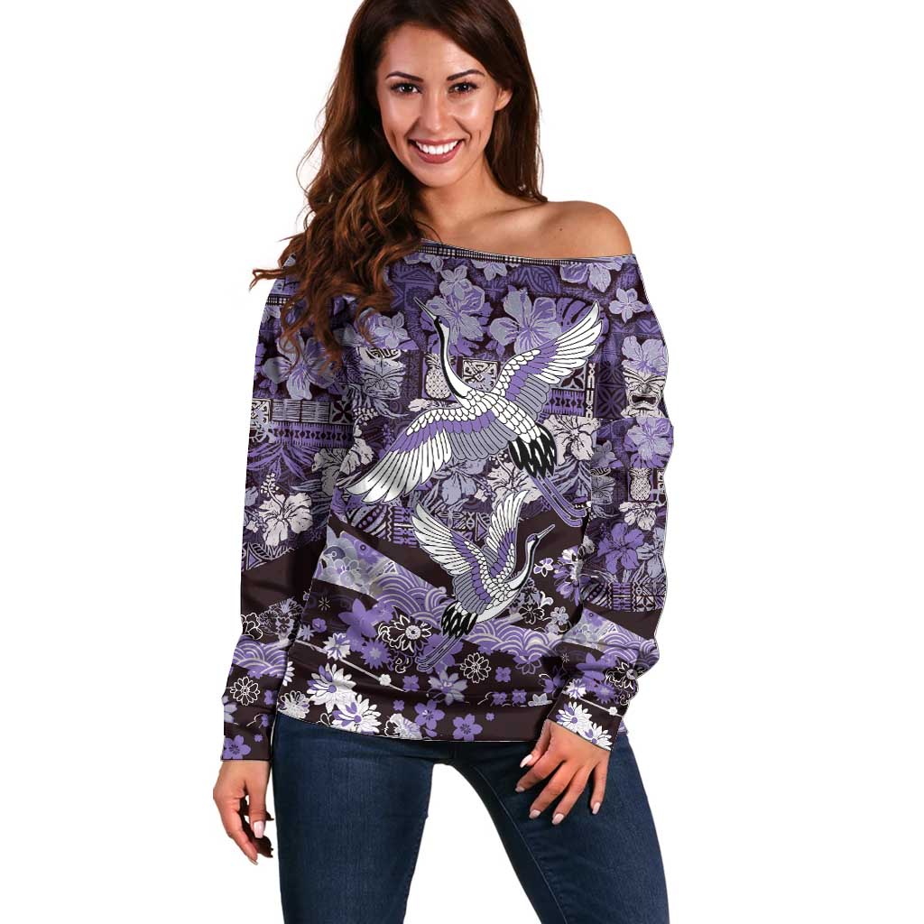 Japanese Hawaiian Crane Off Shoulder Sweater Purple Tapa Patchwork Pattern