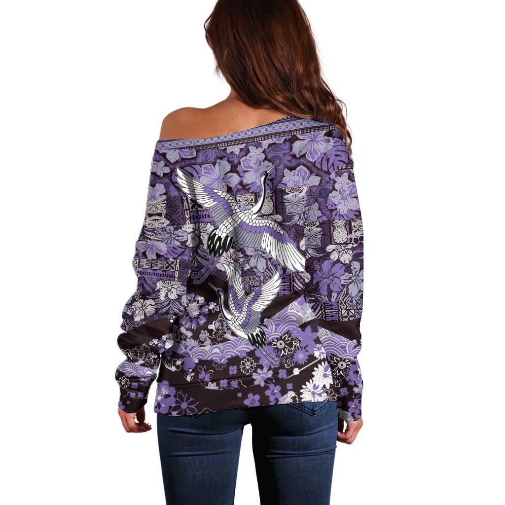 Japanese Hawaiian Crane Off Shoulder Sweater Purple Tapa Patchwork Pattern