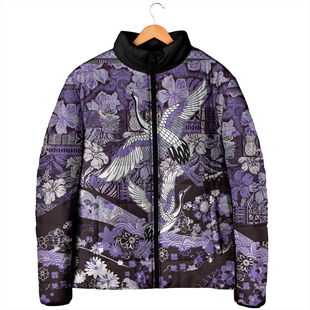 Japanese Hawaiian Crane Padded Jacket Purple Tapa Patchwork Pattern