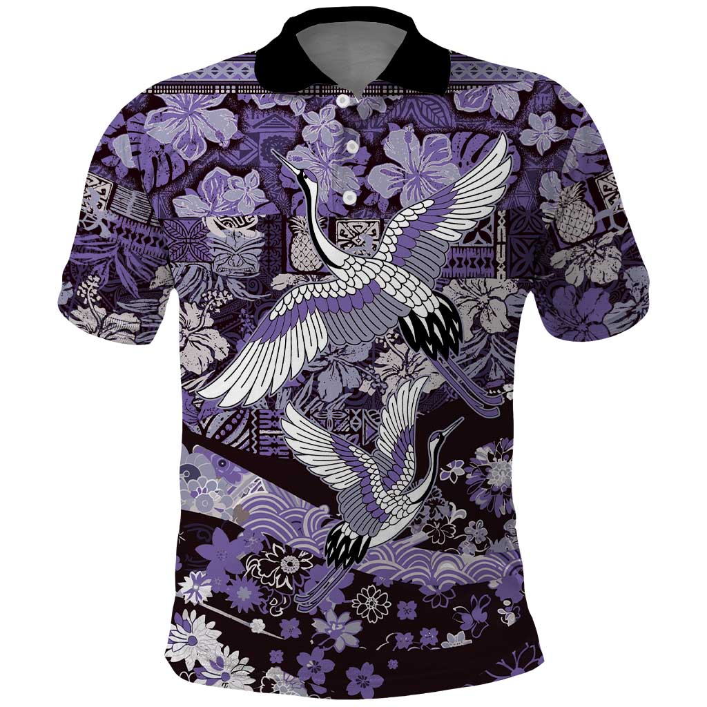 Japanese Hawaiian Crane Polo Shirt Purple Tapa Patchwork Pattern