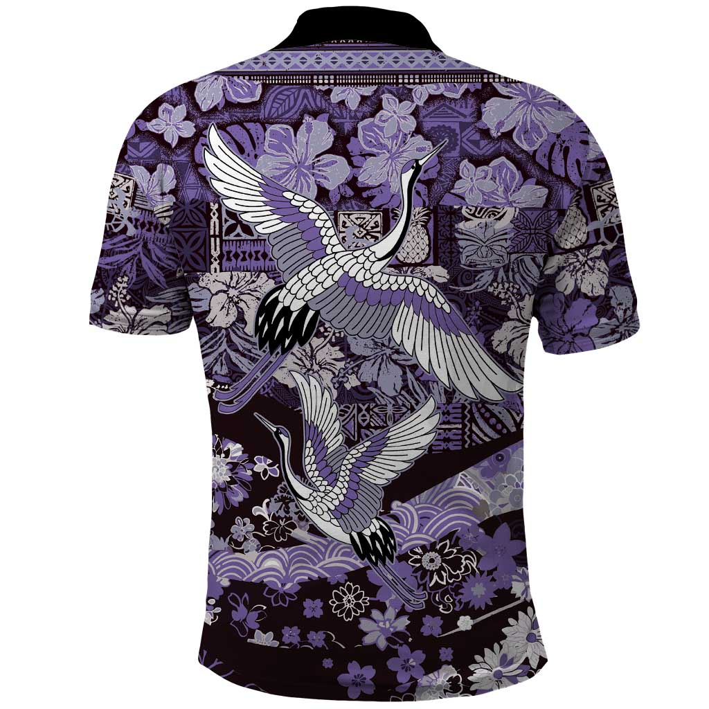 Japanese Hawaiian Crane Polo Shirt Purple Tapa Patchwork Pattern
