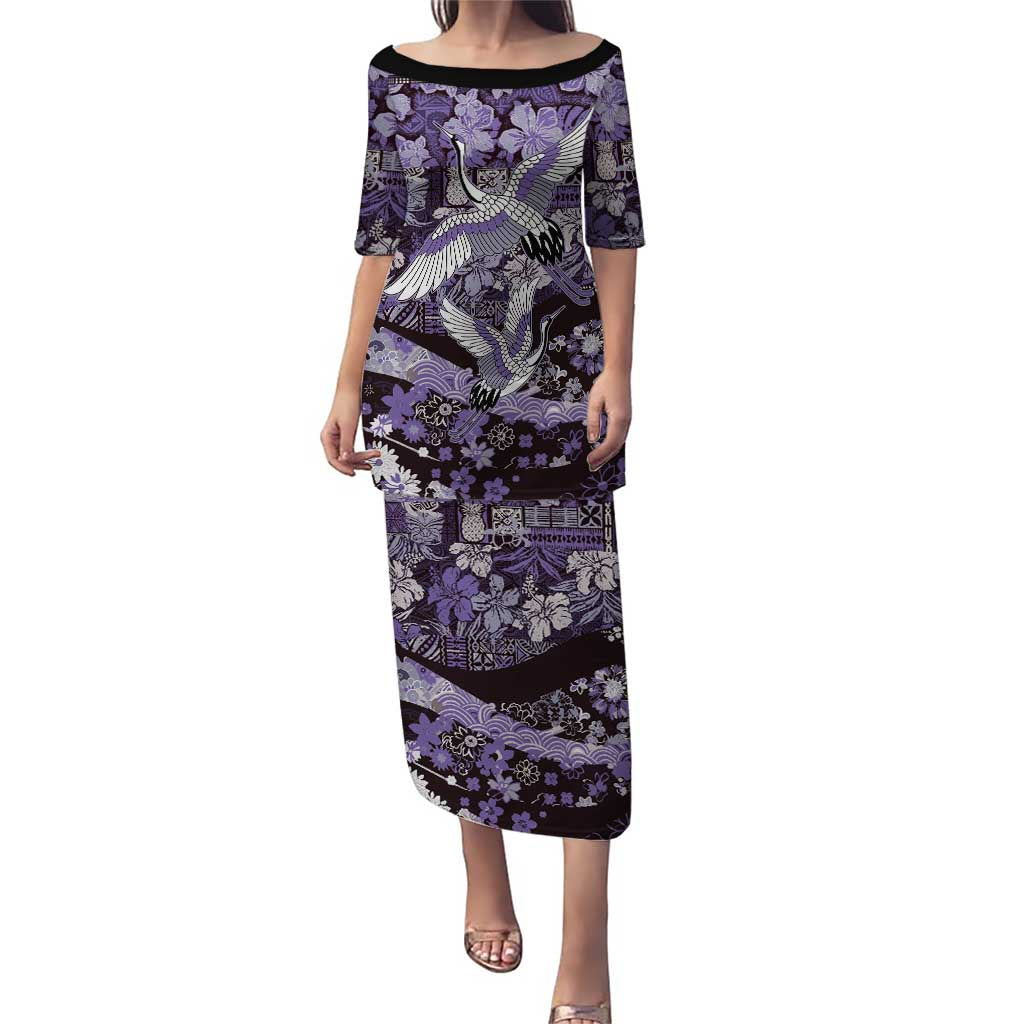 Japanese Hawaiian Crane Puletasi Purple Tapa Patchwork Pattern