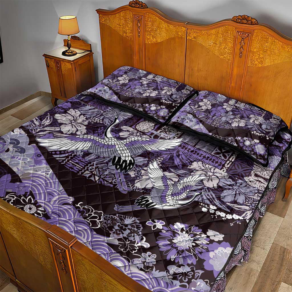 Japanese Hawaiian Crane Quilt Bed Set Purple Tapa Patchwork Pattern