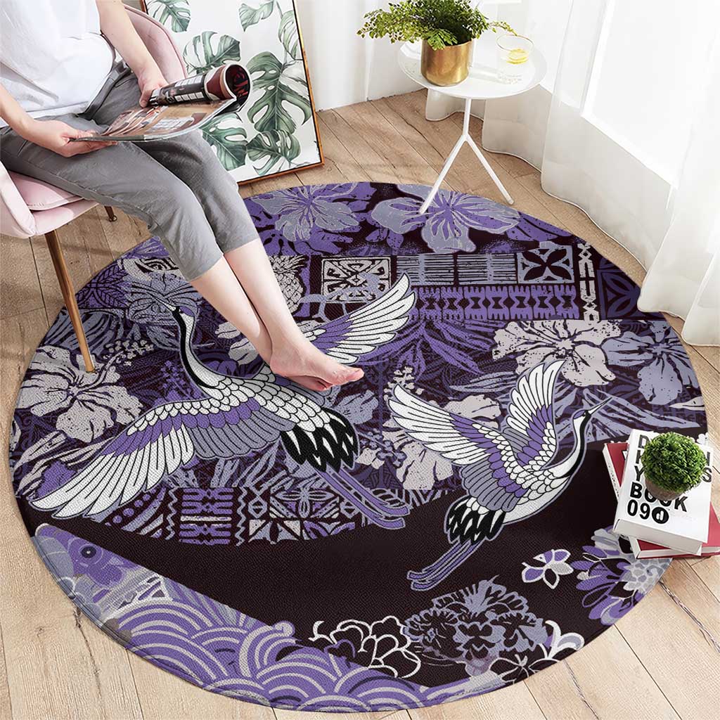 Japanese Hawaiian Crane Round Carpet Purple Tapa Patchwork Pattern