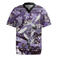Japanese Hawaiian Crane Rugby Jersey Purple Tapa Patchwork Pattern