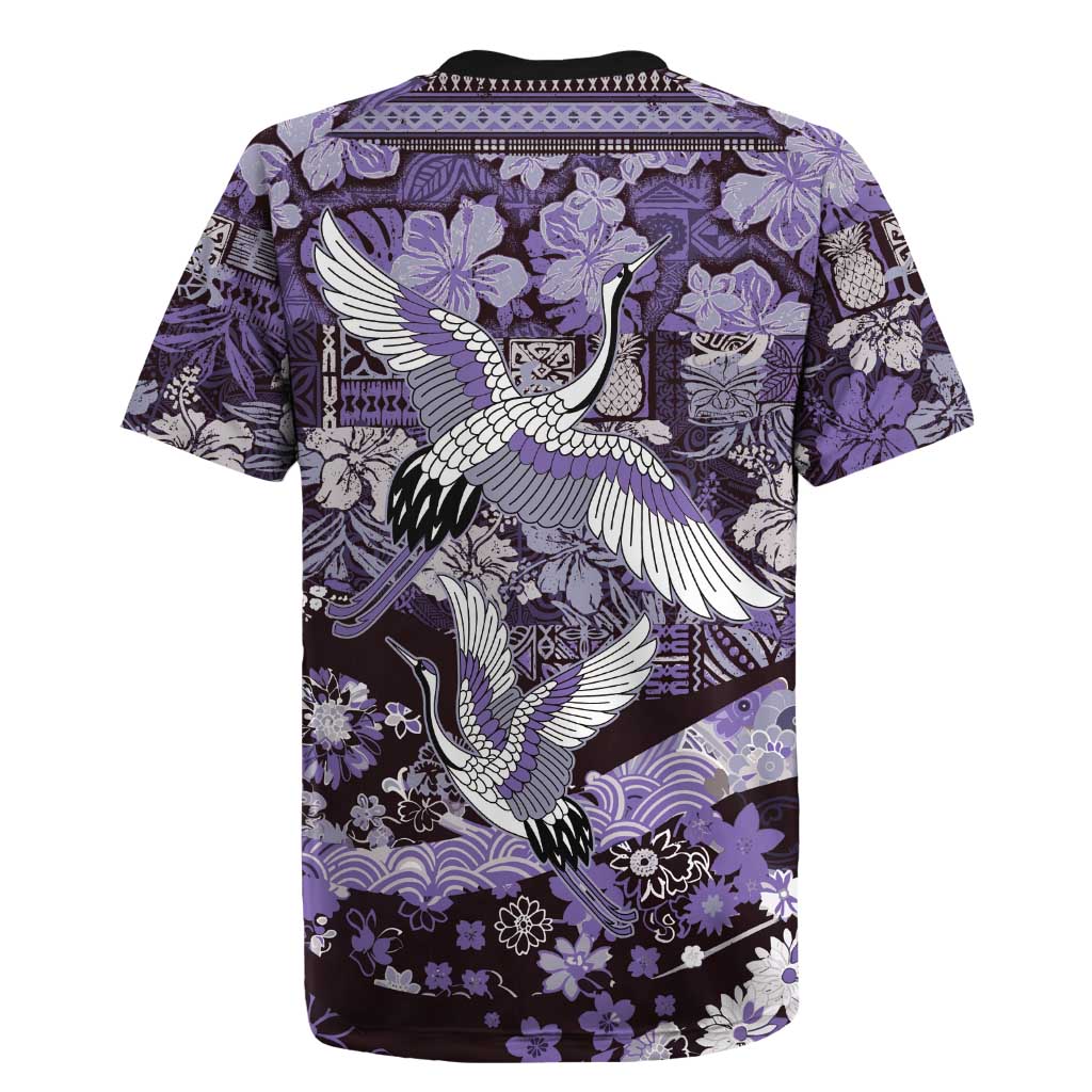Japanese Hawaiian Crane Rugby Jersey Purple Tapa Patchwork Pattern