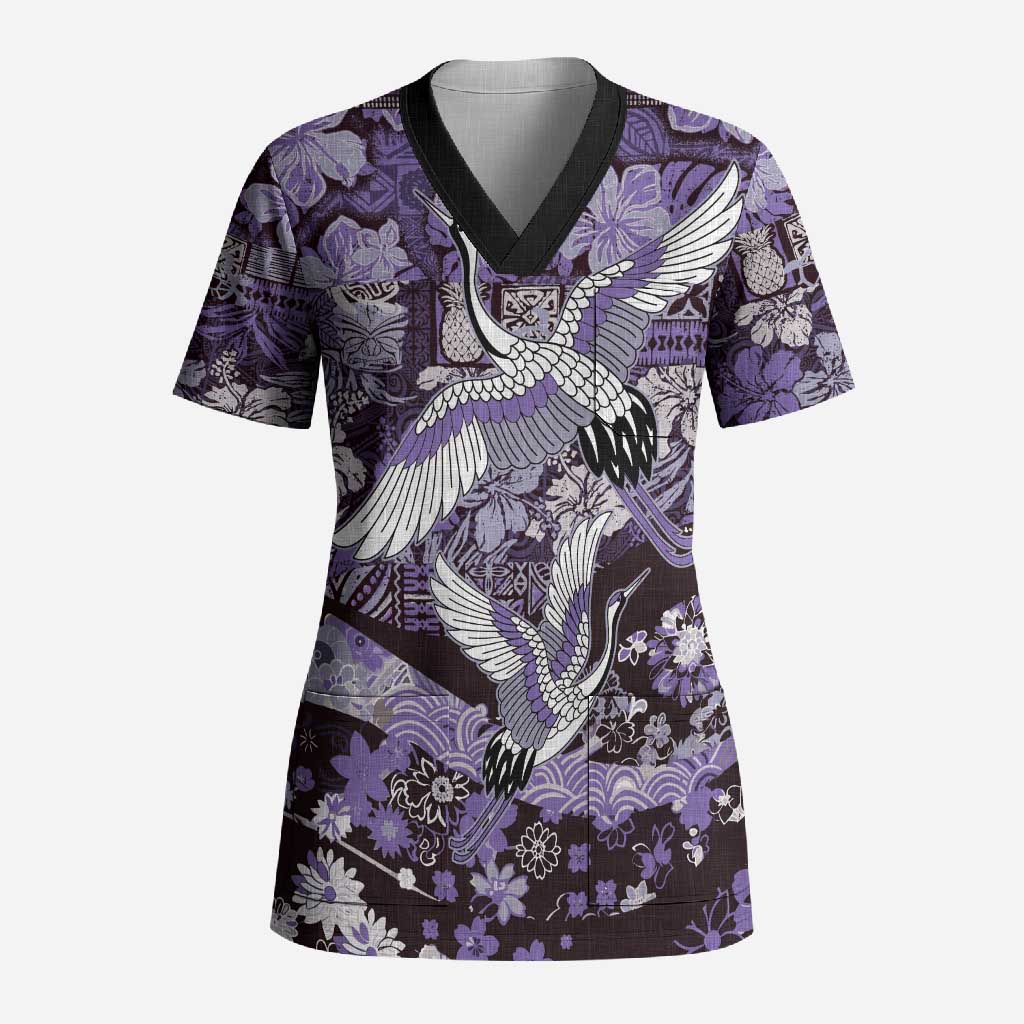 Japanese Hawaiian Crane Scrub Top Purple Tapa Patchwork Pattern