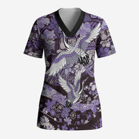 Japanese Hawaiian Crane Scrub Top Purple Tapa Patchwork Pattern