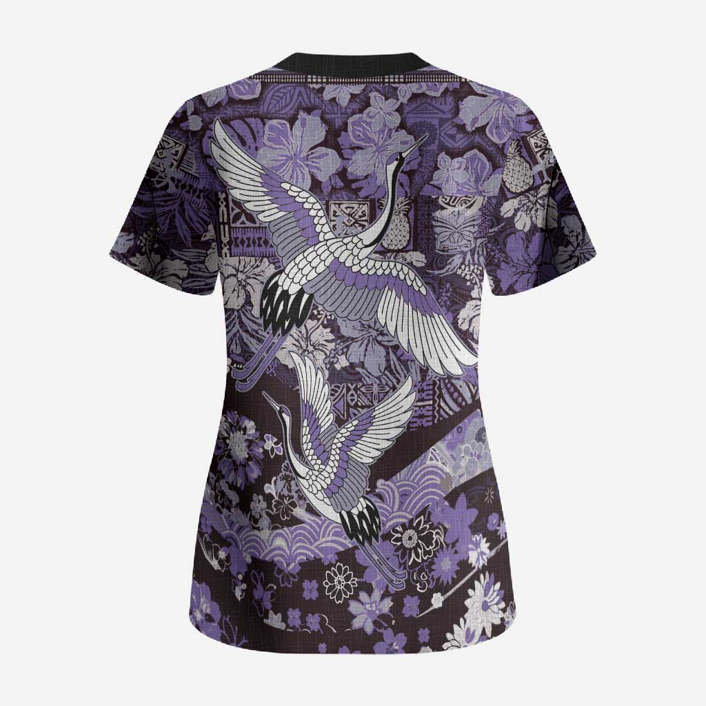 Japanese Hawaiian Crane Scrub Top Purple Tapa Patchwork Pattern