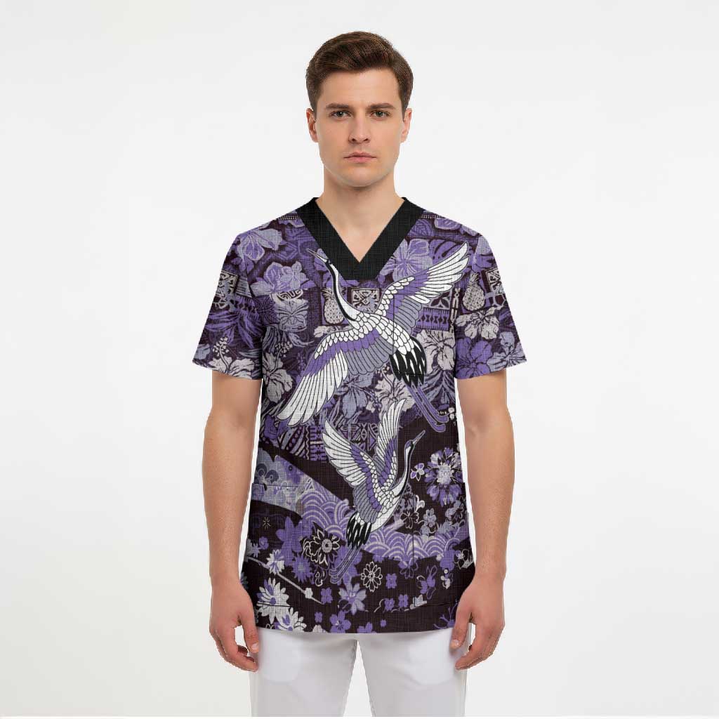 Japanese Hawaiian Crane Scrub Top Purple Tapa Patchwork Pattern