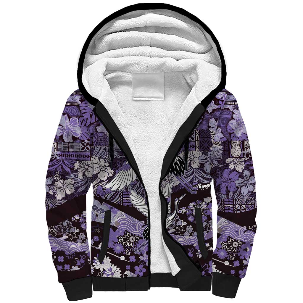 Japanese Hawaiian Crane Sherpa Hoodie Purple Tapa Patchwork Pattern