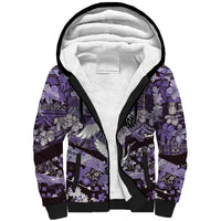 Japanese Hawaiian Crane Sherpa Hoodie Purple Tapa Patchwork Pattern