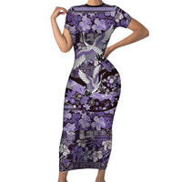 Japanese Hawaiian Crane Short Sleeve Bodycon Dress Purple Tapa Patchwork Pattern
