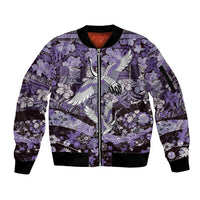 Japanese Hawaiian Crane Sleeve Zip Bomber Jacket Purple Tapa Patchwork Pattern