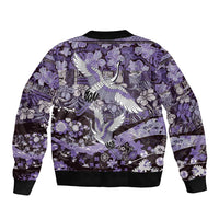 Japanese Hawaiian Crane Sleeve Zip Bomber Jacket Purple Tapa Patchwork Pattern