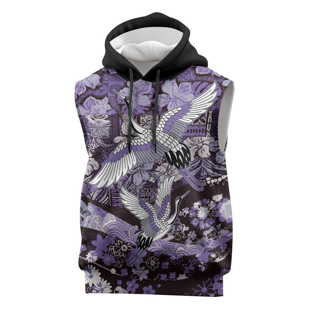 Japanese Hawaiian Crane Sleeveless Hoodie Purple Tapa Patchwork Pattern