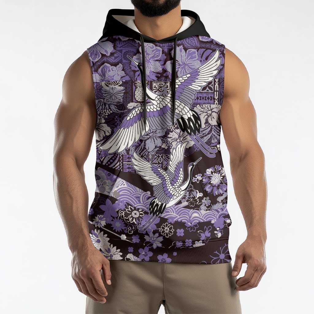 Japanese Hawaiian Crane Sleeveless Hoodie Purple Tapa Patchwork Pattern