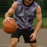 Japanese Hawaiian Crane Sleeveless Hoodie Purple Tapa Patchwork Pattern