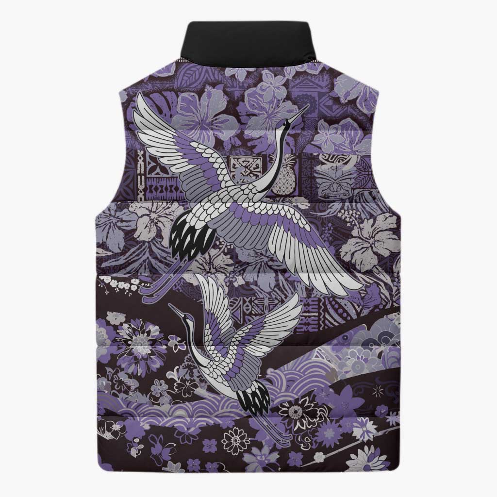 Japanese Hawaiian Crane Sleeveless Puffer Jacket Purple Tapa Patchwork Pattern