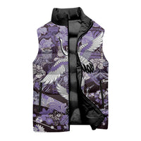 Japanese Hawaiian Crane Sleeveless Puffer Jacket Purple Tapa Patchwork Pattern
