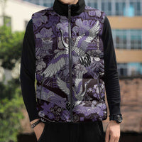 Japanese Hawaiian Crane Sleeveless Puffer Jacket Purple Tapa Patchwork Pattern
