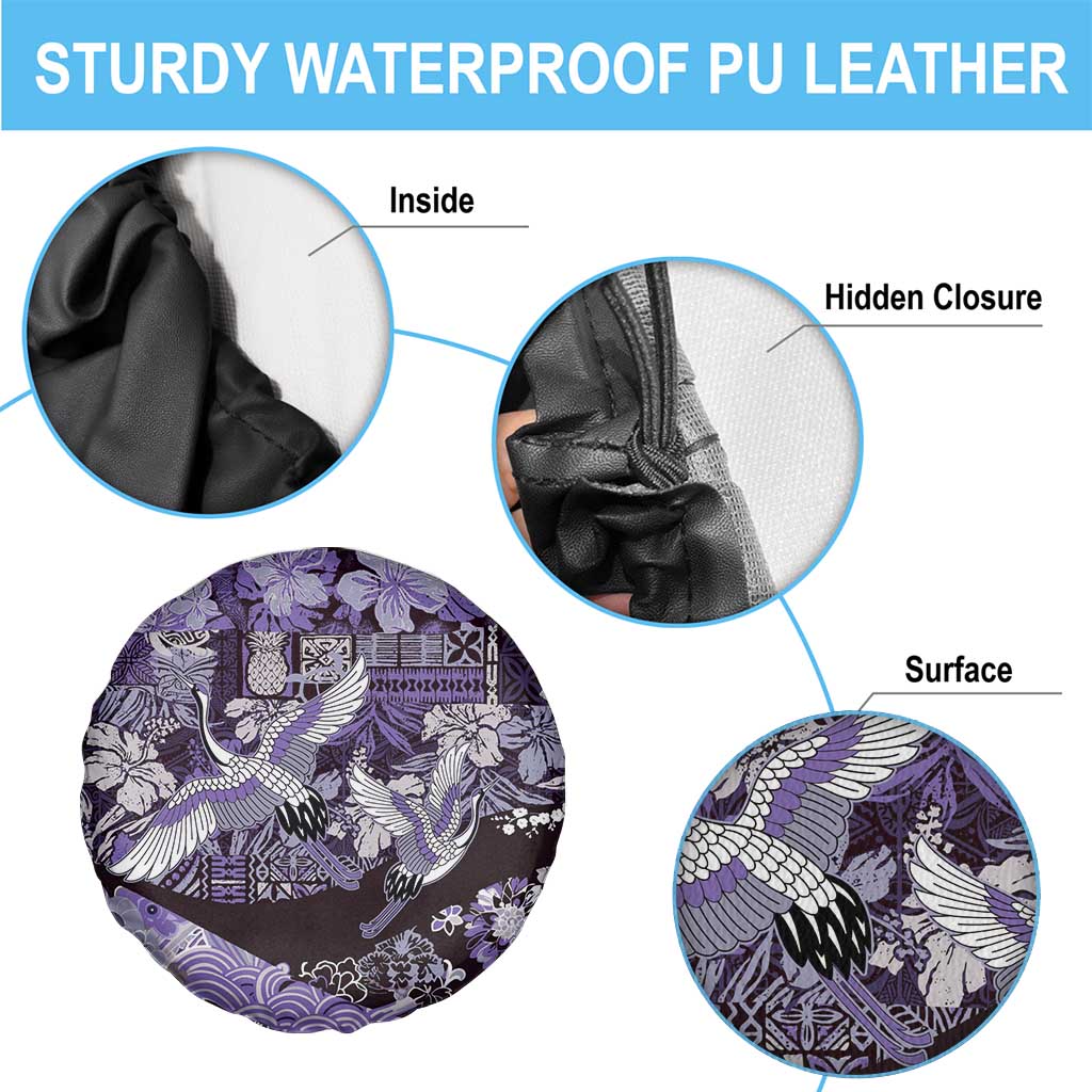 Japanese Hawaiian Crane Spare Tire Cover Purple Tapa Patchwork Pattern
