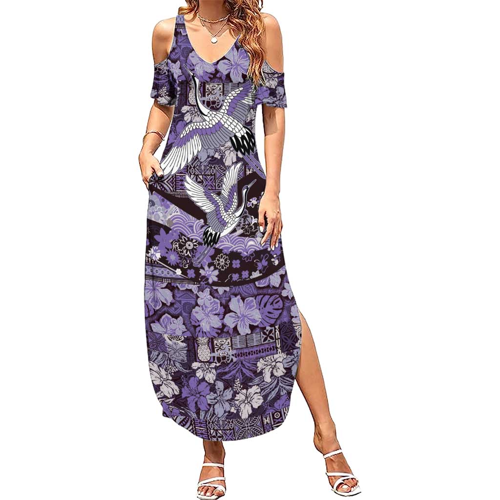 Japanese Hawaiian Crane Summer Maxi Dress Purple Tapa Patchwork Pattern