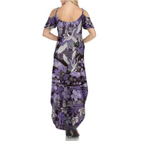 Japanese Hawaiian Crane Summer Maxi Dress Purple Tapa Patchwork Pattern