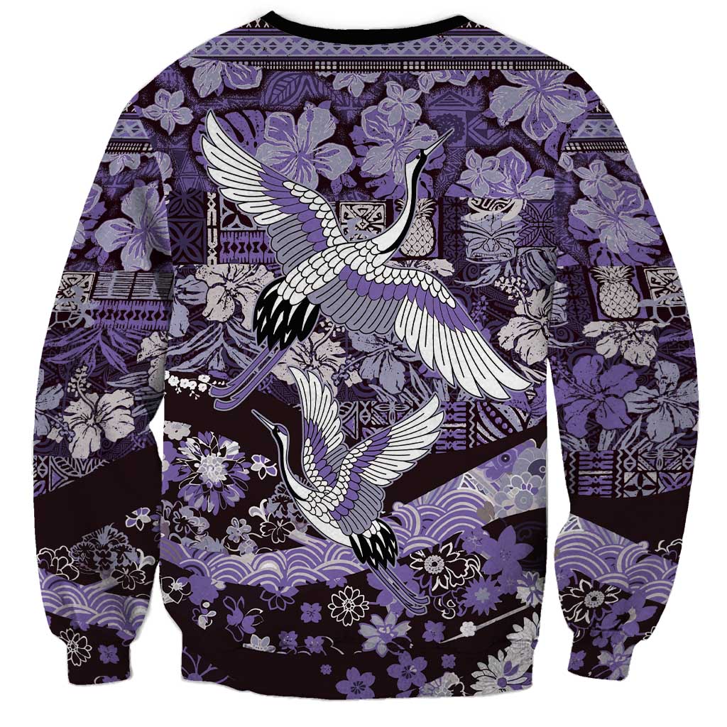 Japanese Hawaiian Crane Sweatshirt Purple Tapa Patchwork Pattern