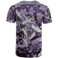 Japanese Hawaiian Crane T Shirt Purple Tapa Patchwork Pattern
