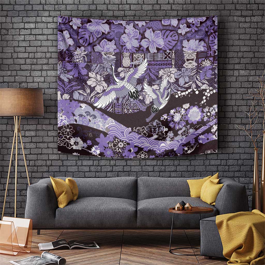 Japanese Hawaiian Crane Tapestry Purple Tapa Patchwork Pattern