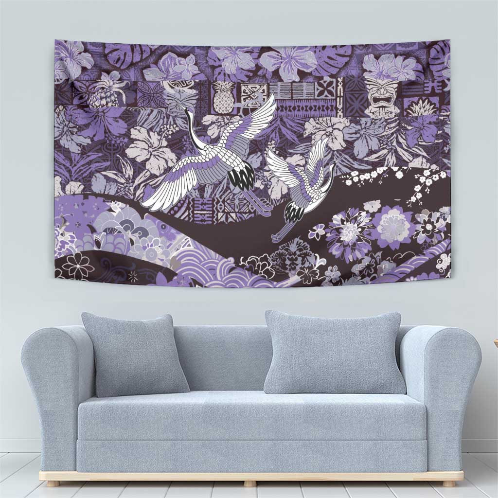 Japanese Hawaiian Crane Tapestry Purple Tapa Patchwork Pattern
