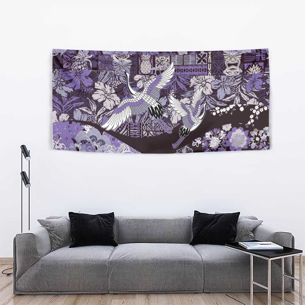 Japanese Hawaiian Crane Tapestry Purple Tapa Patchwork Pattern